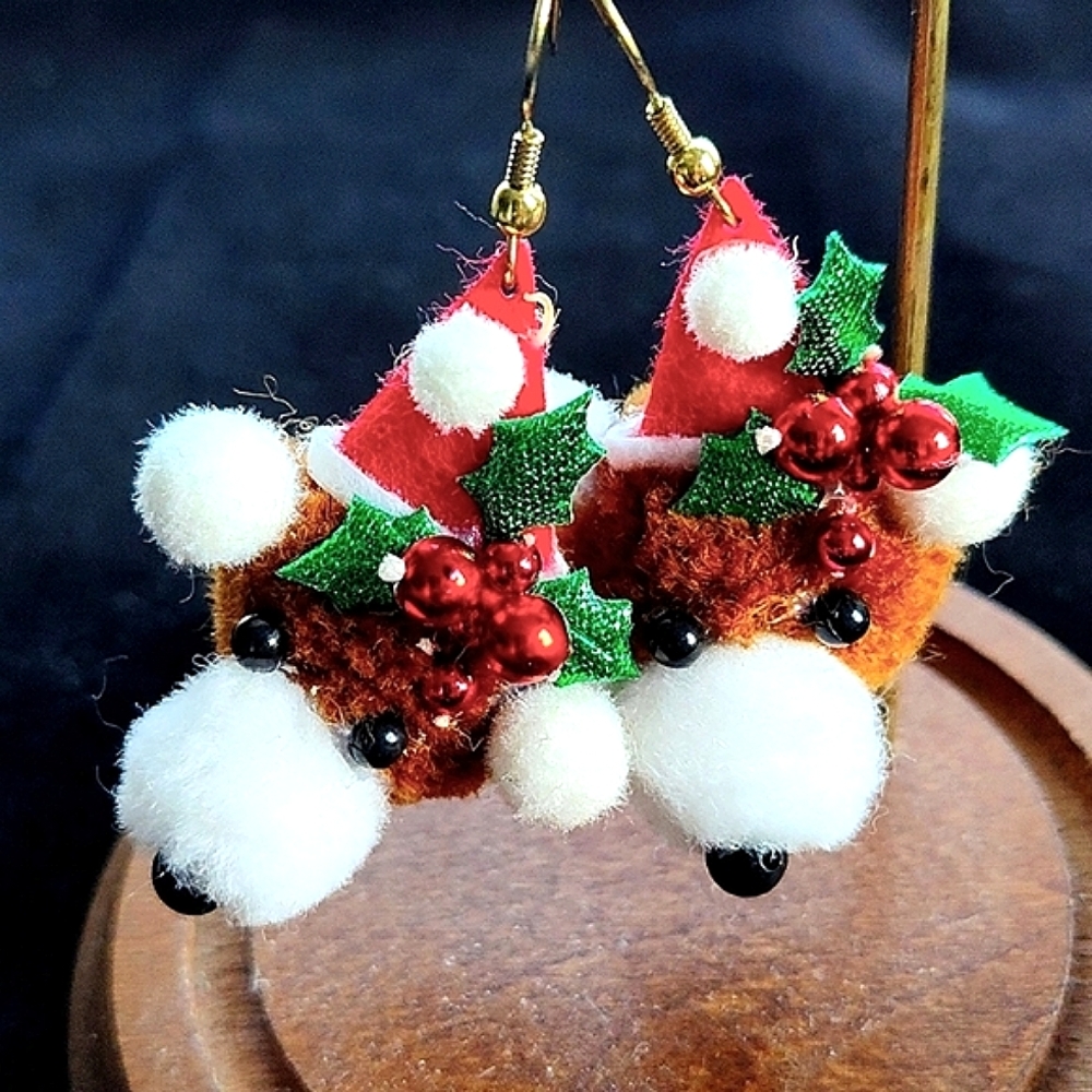 Handmade Christmas Teddy Bear Earrings with Gold Toned Wires